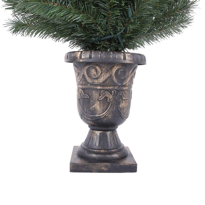 LuxenHome Set of 2 3.9' Pre-Lit LED Artificial Pine Christmas Tree with Urn Pot Green