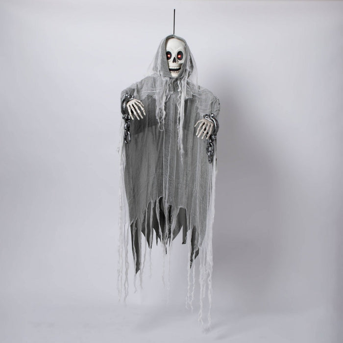 60" Animated Reaper Skeleton with Chains Halloween Decorative Mannequin - Hyde & EEK! Boutique: Glowing Red Eyes, Polyester Cloak