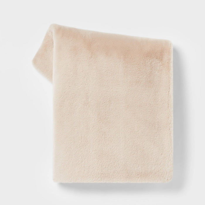 Faux Rabbit Fur Reversible Throw Blanket Neutral - Threshold: Soft, Cozy, Midweight, Machine Washable
