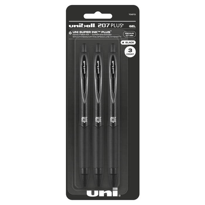 uniball 3pk 207 Plus+ Gel Pen 0.7mm Medium Point Black Ink