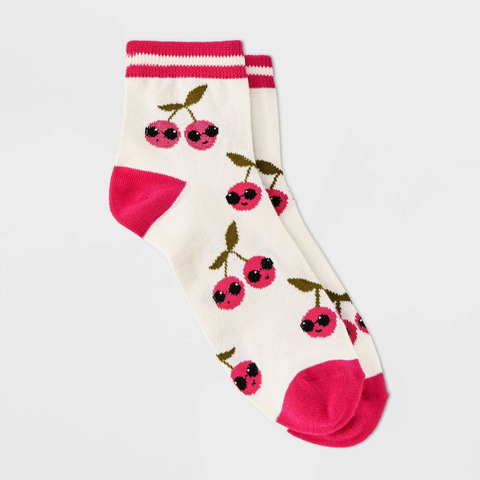 Women's Cool Cherries Ankle Socks - Xhilaration Ivory/Pink 4-10