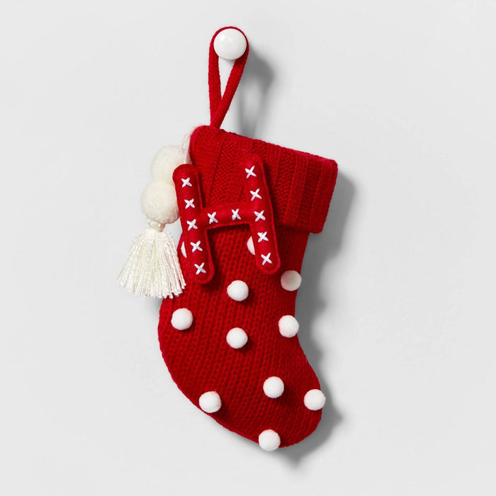 Mini Knit Monogram Christmas Stocking with Poms Red H - Wondershop
