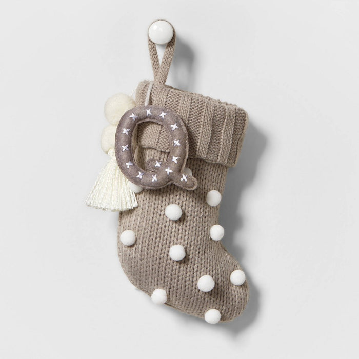 Mini Knit Monogram Christmas Stocking with Poms Gray Q - Wondershop