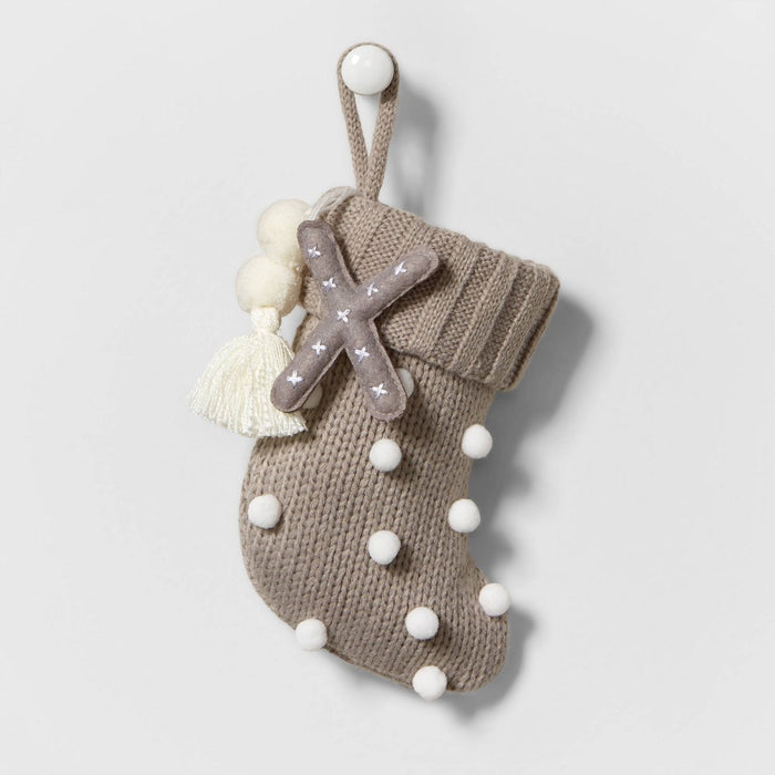 Mini Knit Monogram Christmas Stocking with Poms Gray X - Wondershop
