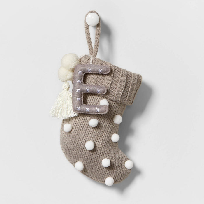 Mini Knit Monogram Christmas Stocking with Poms Gray E - Wondershop