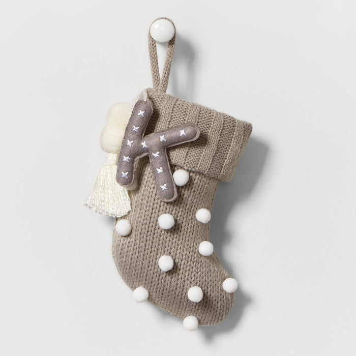 Mini Knit Monogram Christmas Stocking with Poms Gray K - Wondershop