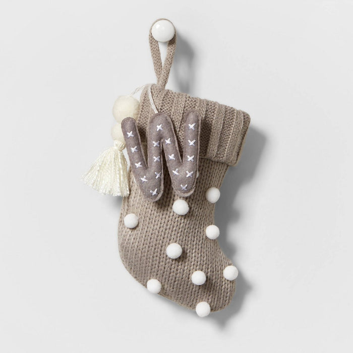 Mini Knit Monogram Christmas Stocking with Poms Gray W - Wondershop