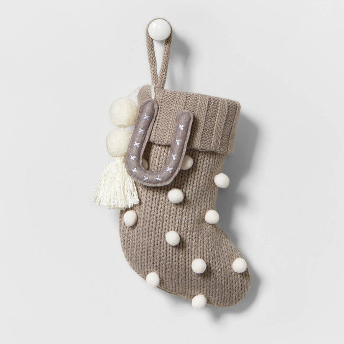 Mini Knit Monogram Christmas Stocking with Poms Gray U - Wondershop