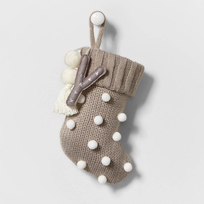 Mini Knit Monogram Christmas Stocking with Poms Gray Y - Wondershop
