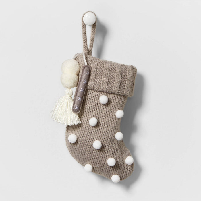 Mini Knit Monogram Christmas Stocking with Poms Gray I - Wondershop