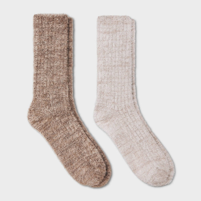 Women's 2pk Feather Cozy Crew Socks - Auden Beige/Brown 4-10
