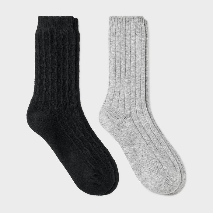 Women's Brushed Terry Lined 2pk Cozy Crew Socks - Auden Black/Heather Gray 4-10