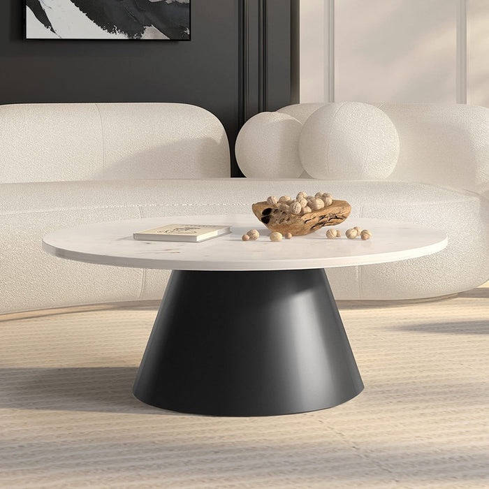 Inspired Home Zyler Coffee Table, Round, Natural Marble Stone, Conical Matte Black Metal Base (LOCAL PICKUP ONLY)