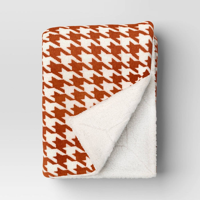 Printed Plush Houndstooth Throw with Faux Shearling Reverse Soft Orange/Cream - Threshold