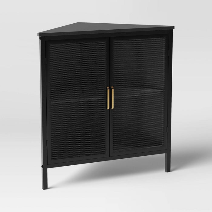 Mesh Corner Cabinet Black - Threshold: Sleek Metal Storage with Golden Handles, V-Shaped Design (LOCAL PICKUP ONLY)