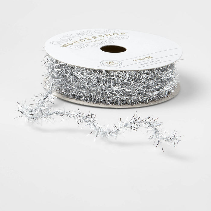.6" Tinsel Christmas Ribbon Silver 36ft - Wondershop