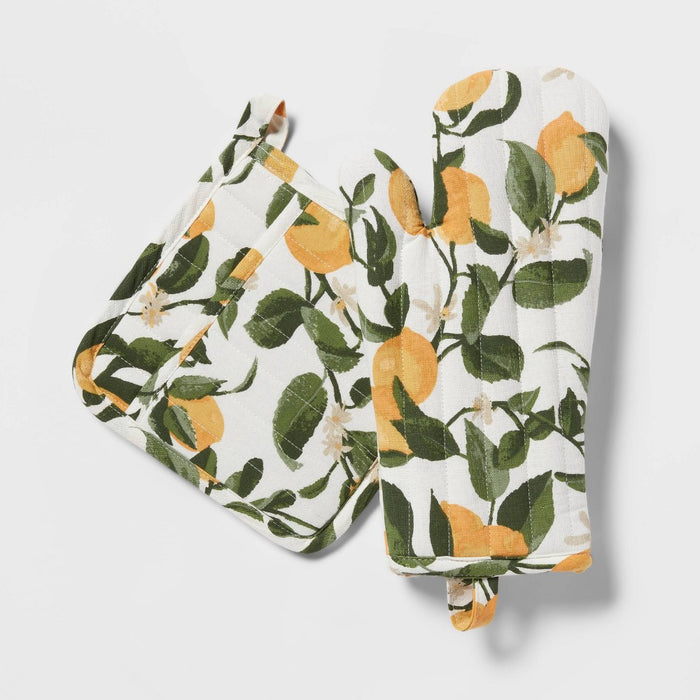 2pc Cotton Printed Lemon Oven Mitt and Pot Holder Set - Threshold