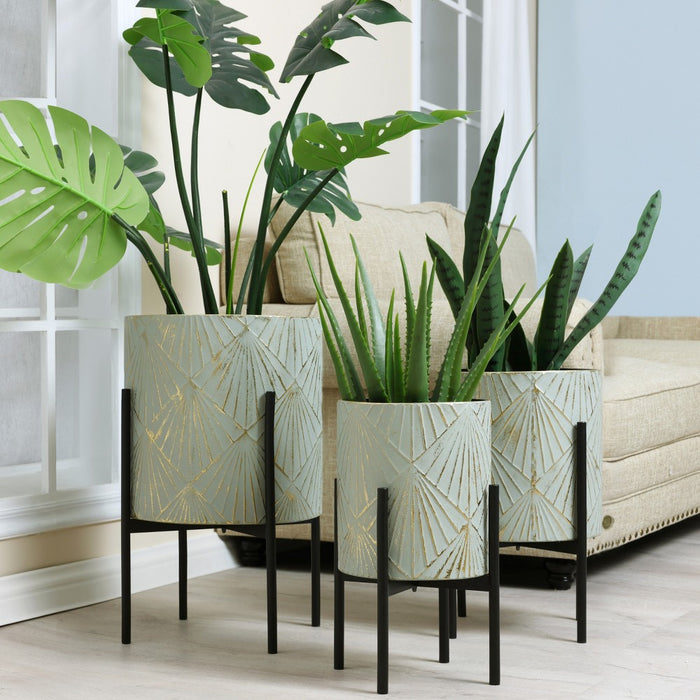 LuxenHome Set of 3 Gray and Gold Metal Cachepot Planters with Black Stand (LOCAL PICKUP ONLY)