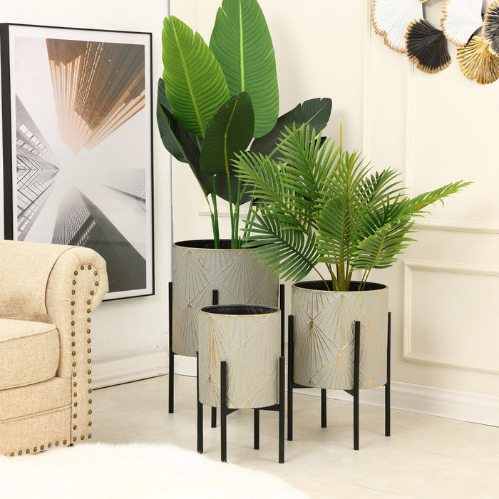 LuxenHome Set of 3 Gray and Gold Metal Cachepot Planters with Black Stand (LOCAL PICKUP ONLY)