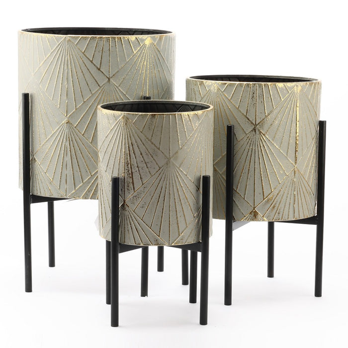 LuxenHome Set of 3 Gray and Gold Metal Cachepot Planters with Black Stand (LOCAL PICKUP ONLY)