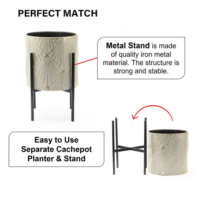 LuxenHome Set of 3 Gray and Gold Metal Cachepot Planters with Black Stand (LOCAL PICKUP ONLY)