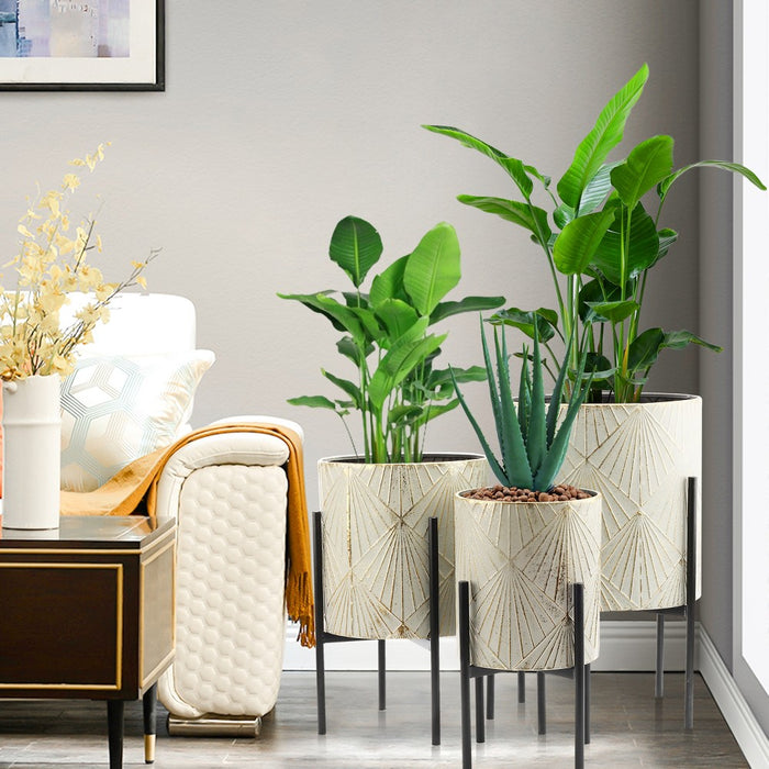LuxenHome Set of 3 Gray and Gold Metal Cachepot Planters with Black Stand (LOCAL PICKUP ONLY)