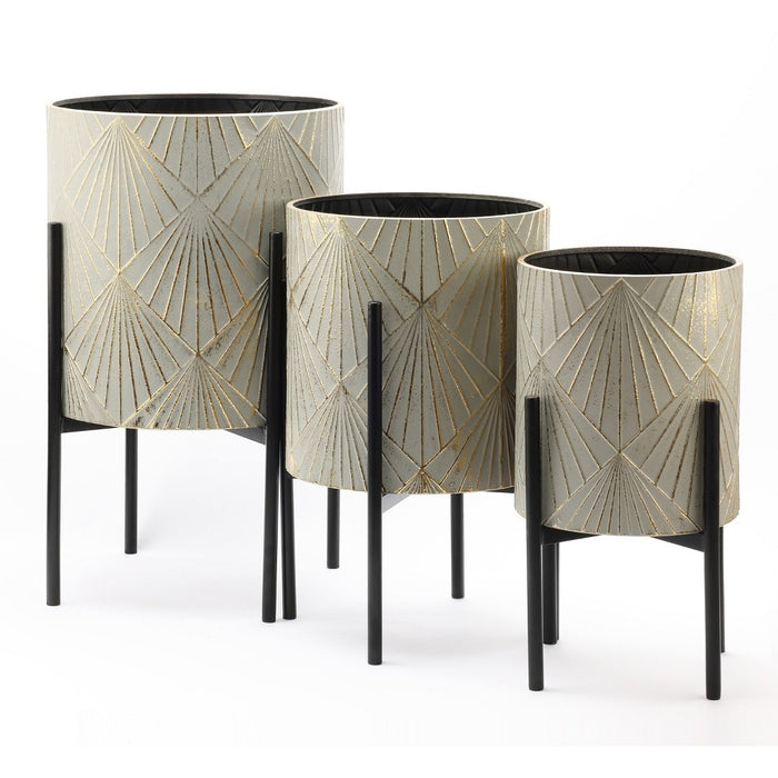 LuxenHome Set of 3 Gray and Gold Metal Cachepot Planters with Black Stand (LOCAL PICKUP ONLY)