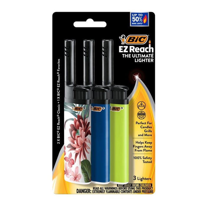 BiC EZ Reach 3pk Lighters: Up to 50% More Lights, Child-Resistant, Multipurpose Use, Butane Powered