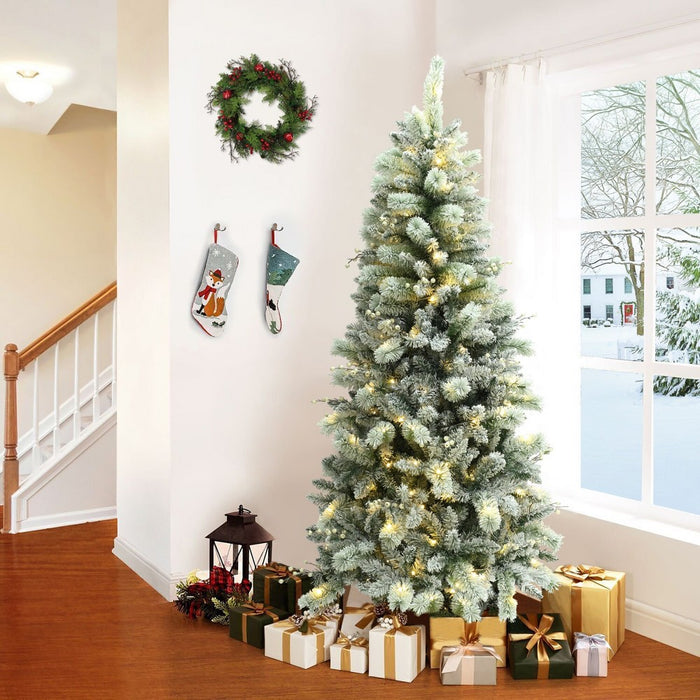 LuxenHome 6.5' Pre-Lit Full Artificial Snow-Flocked Christmas Tree Green (LOCAL PICKUP ONLY)