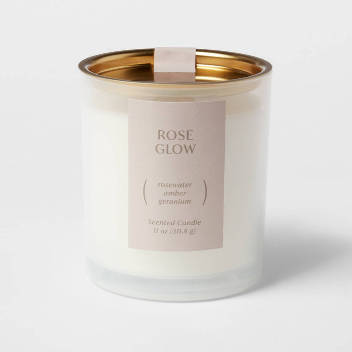 1-Wick 11oz Glass Jar Candle Rose Glow - Threshold: Soy & Paraffin Wax, Geranium Amber Scent, 35hr Burn Time