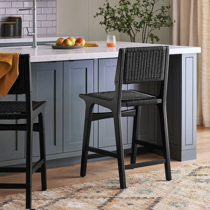 Ceylon Woven Counter Height Barstool Black - Threshold: Rubberwood Frame, Metal Hardware, Fixed 24" Seat Height (LOCAL PICKUP ONLY)