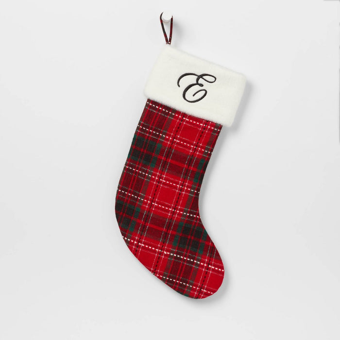 20" Plaid Monogram 'E' Christmas Holiday Stocking with Faux Fur Cuff Red/Green/White - Wondershop