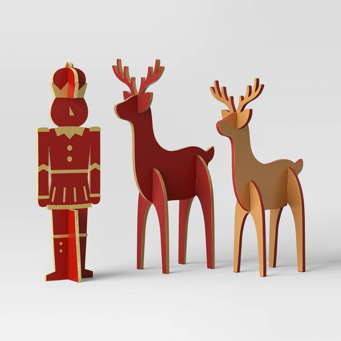 3pc Wood Nutcracker and Deer Christmas Figurine Set - Wondershop Red/Gold