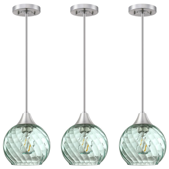 3 Pack 1 Light Hanging Indoor Kitchen Island Pendant Light 6.3" Clear Stripe Green Glass Pendant Ceiling Light Fixtures Brushed Nickel Finish,Modern Farmhouse Dinning Over Sink