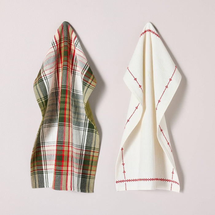 2ct Embroidered Border & Plaid Christmas Kitchen Towels Red/Cream/Green - Hearth & Hand with Magnolia