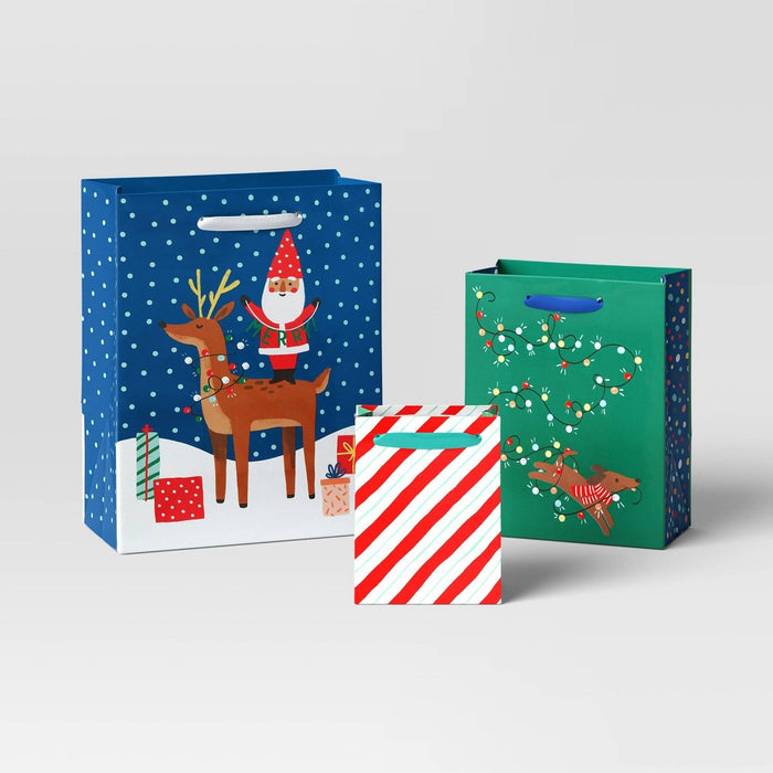 3ct Cub/Large Cub Printed Christmas Gift Bag Santa with Reindeer/Dog/Stripes - Wondershop