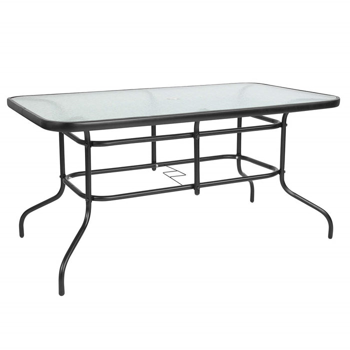 Flash Furniture Tory 31.5" X 55" Rectangular Tempered Glass Metal Patio Table With Umbrella Hole, Modern Rippled Glass Outdoor Dining Table, Black (LOCAL PICKUP ONLY)