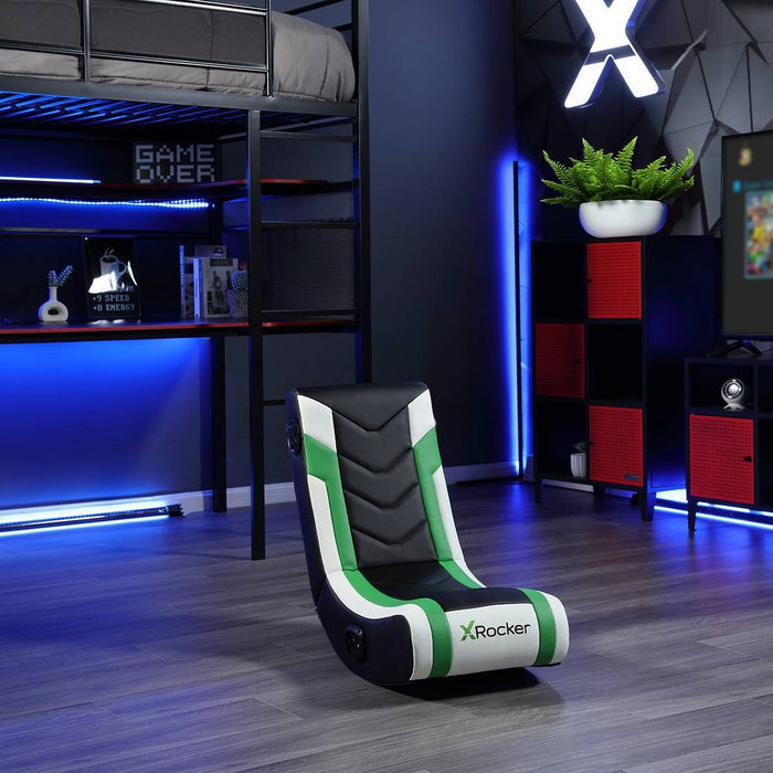 X Rocker Horizon RGB Lighting 2.0 Wired Floor Rocker Gaming Chair Green/Black/White (LOCAL PICKUP ONLY)