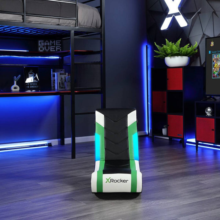 X Rocker Horizon RGB Lighting 2.0 Wired Floor Rocker Gaming Chair Green/Black/White (LOCAL PICKUP ONLY)