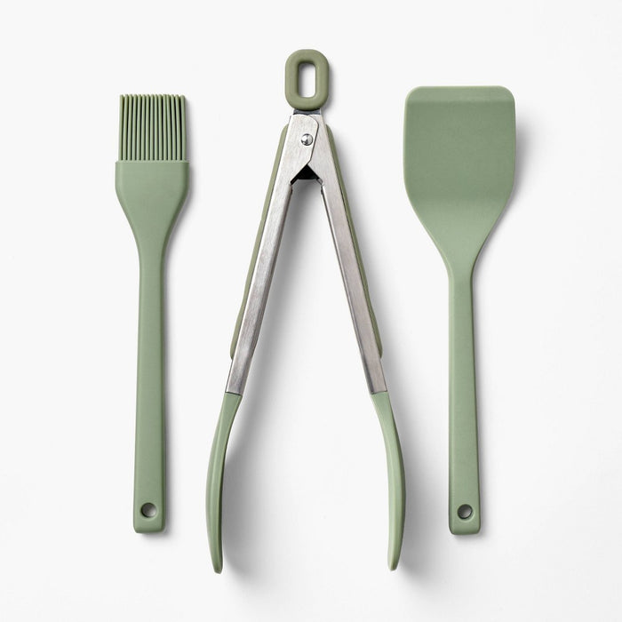 3pc Silicone Mini Turner Basting Brush and Tongs Set Sage Green - Figmint: Kitchen Gadgets, Dishwasher-Safe Utensils