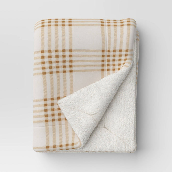 Printed Plush Plaid Throw Blanket with Faux Shearling Reverse Cream/Neutral - Threshold