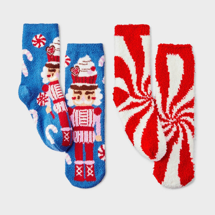 Kids' 2pk Candy Nutcracker Cozy Christmas Crew Socks with Gift Card Holder - Wondershop Blue XS/S