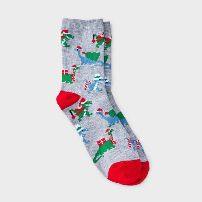 Women's Dinosaur Christmas Crew Socks - Wondershop Heather Gray 4-10