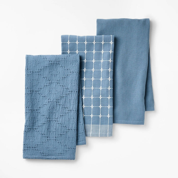 3pc Kitchen Towels Blue - Figmint: Cotton Check & Jacquard Dish Towels, 28"x18", OEKO-TEX Certified