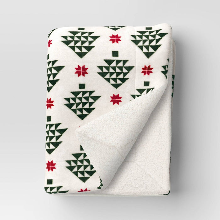 Modern Tree Printed Plush Throw Blanket with Faux Shearling Reverse Ivory/Green/Red - Threshold