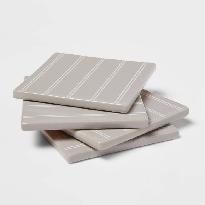 4pk Stoneware Striped Coasters Gray - Threshold