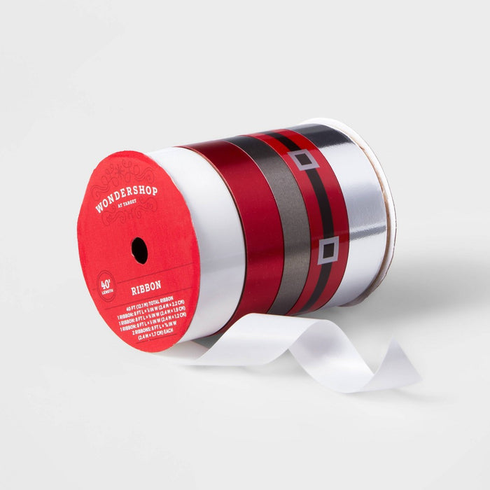 5 End Flat Christmas Ribbon 40' Red/White/Silver - Wondershop