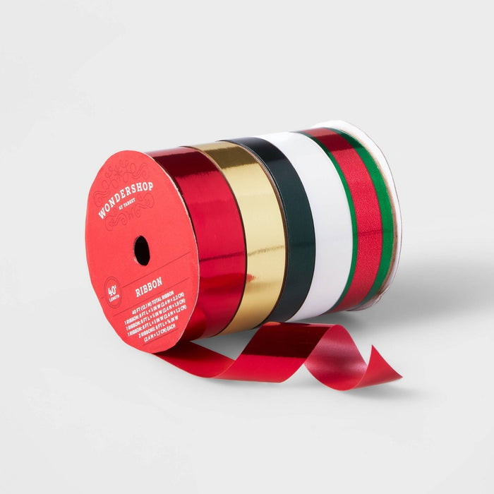 5 End Flat Christmas Ribbon 40' Green/Red/Gold - Wondershop: Gift Wrap, 0.75" Width