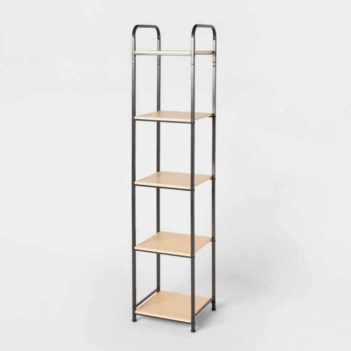 Tall Bath Wood Storage Towel Black Metal - Brightroom: 5-Shelf Powder-Coated Steel & MDF Cabinet, Rust-Resistant (LOCAL PICKUP ONLY)