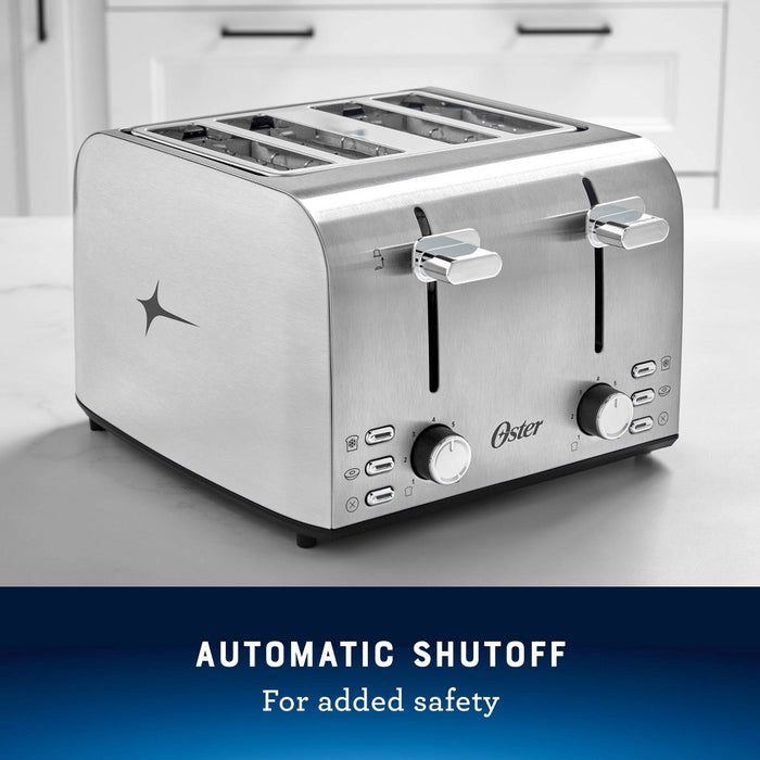 Oster 4-Slice Toaster Stainless Steel With Extra-Wide Slots: Bagel & Reheat Functions, 1560W, Spot Clean, Silver